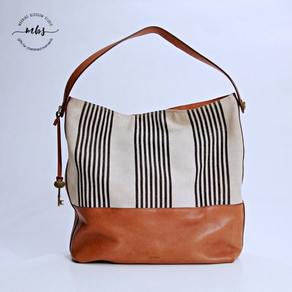Fossil Stripe Textile Leather Trim Shoulder Handbag - Picture 4 of 14